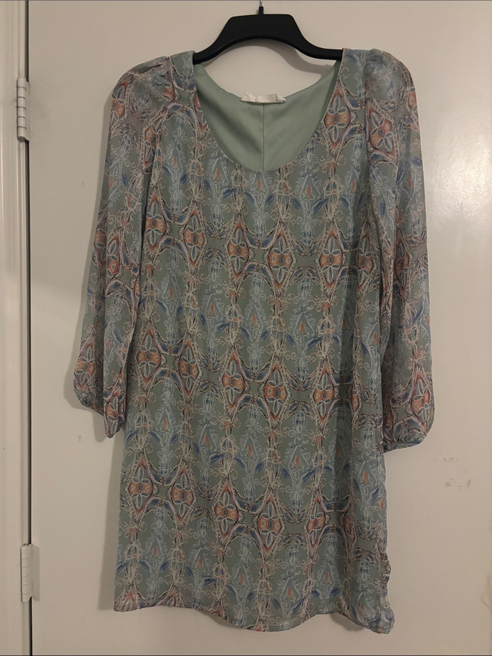 Turquoise Printed Long Sleeve Shift Dress